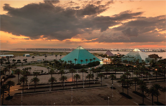 Where the Gulf meets the sky — pyramids of Galveston glowing at dusk. | Source: themeetingprofessionaldigital.org