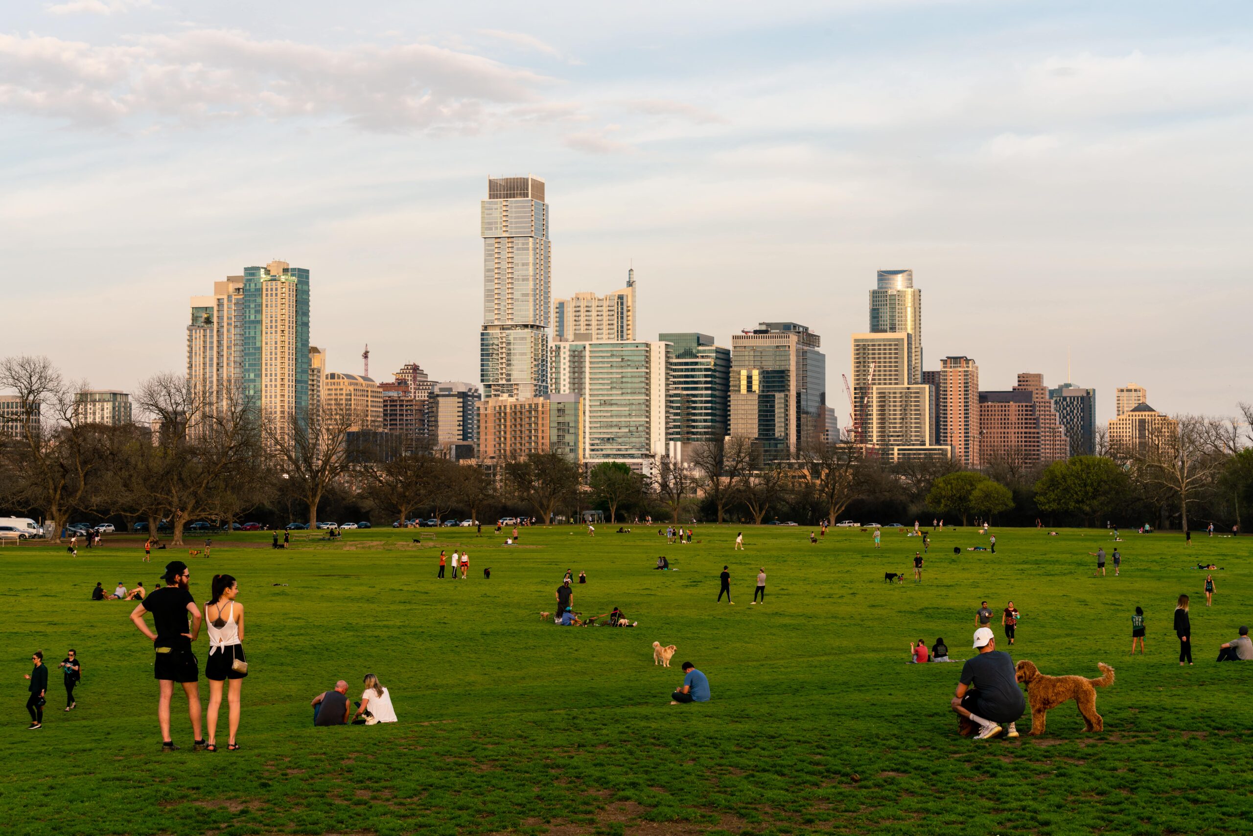 People and dogs enjoying a sunny day at Zilker Park with the downtown Austin skyline visible across the open grassy field.