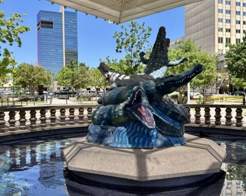 Colorful alligator sculpture in the fountain at San Jacinto Plaza in downtown El Paso, with modern city buildings in the background.