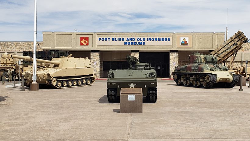 Outdoor display of military tanks in front of the Fort Bliss and Old Ironsides Museums in El Paso, Texas.