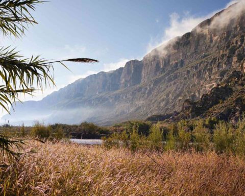 Tall rocky cliffs in Big Bend National Park with mist near the summit, golden grasses in the foreground, and the Rio Grande flowing below.