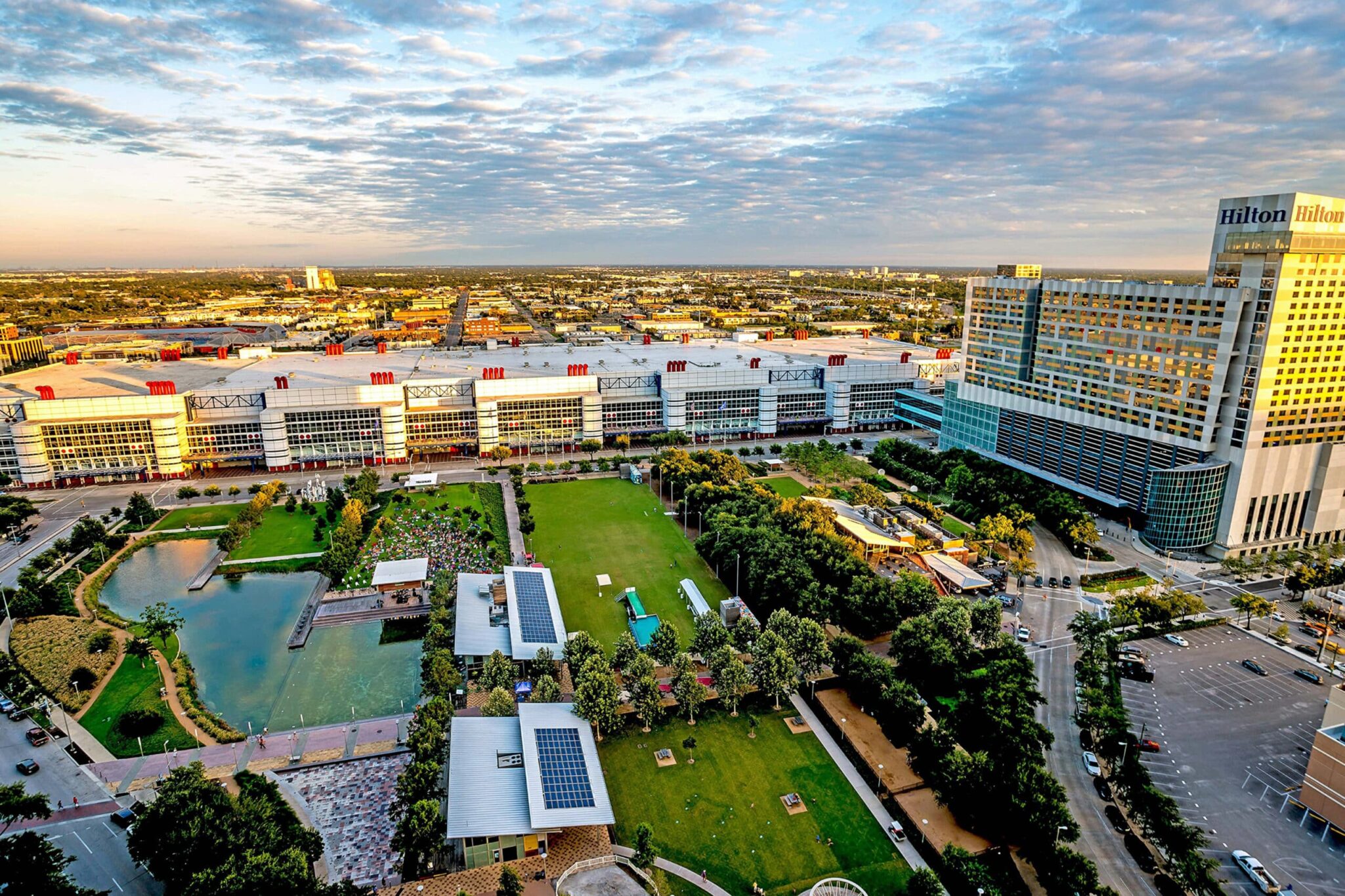 Aerial view of Discovery Green park next to the George R. Brown Convention Center in Houston