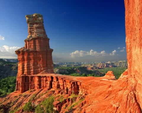 Texas Bike trails in Texas at Palo Duro Canyon under a clear blue sky.