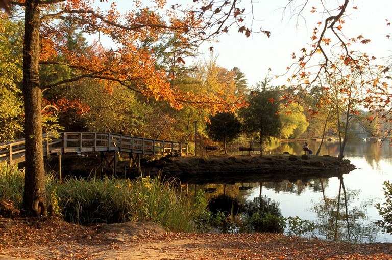 Wooden bridge and lakeside trail surrounded by fall foliage at Tyler State Park in Texas.