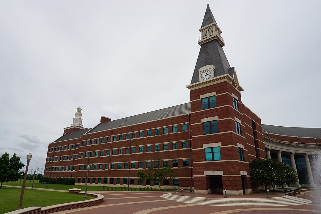 Baylor University’s red-brick academic building with clock tower and courtyard in Waco, Texas, is home to the Film and Digital Media department.