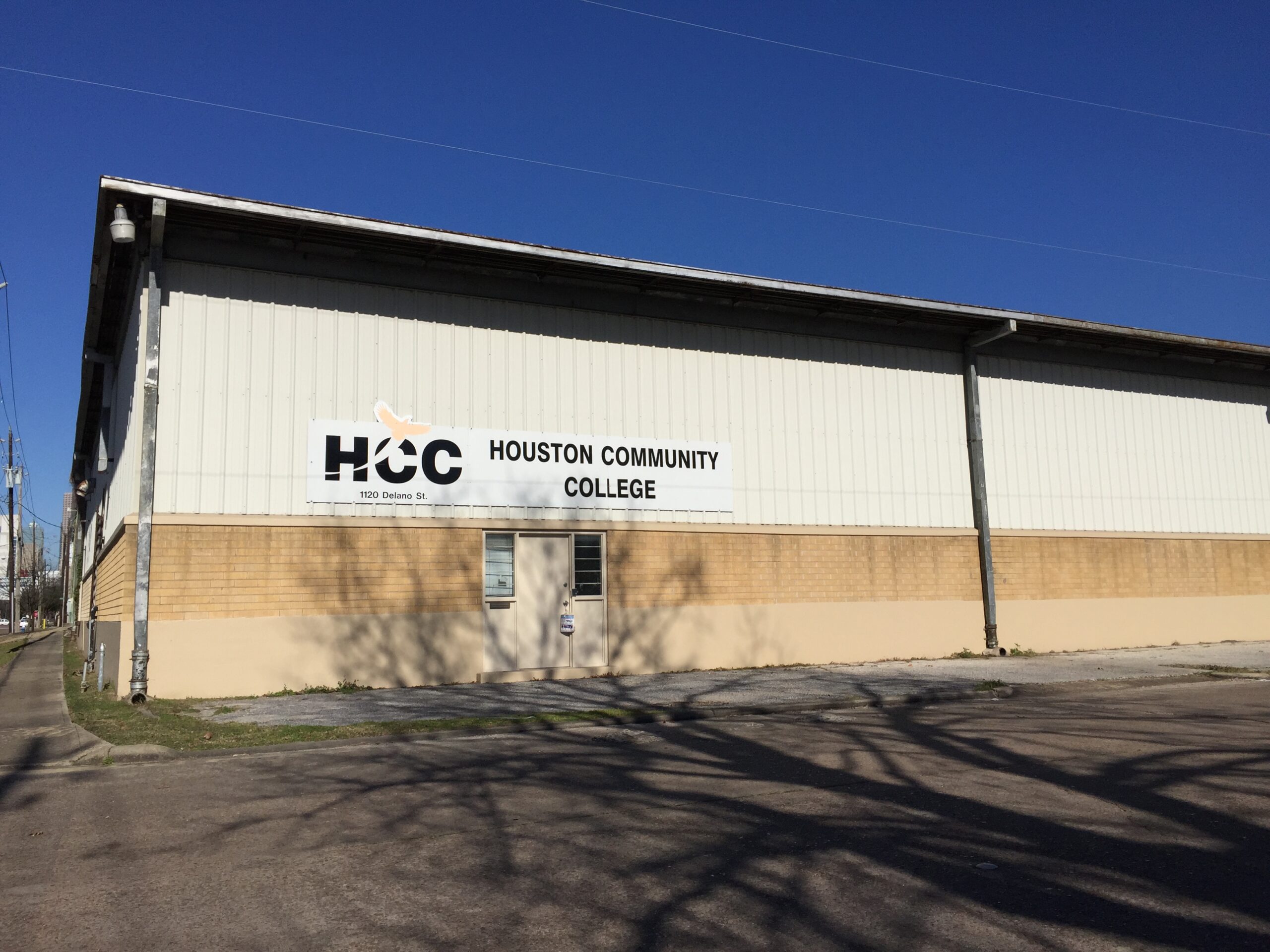 Exterior view of Houston Community College’s film school building on Delano Street in Houston, Texas.