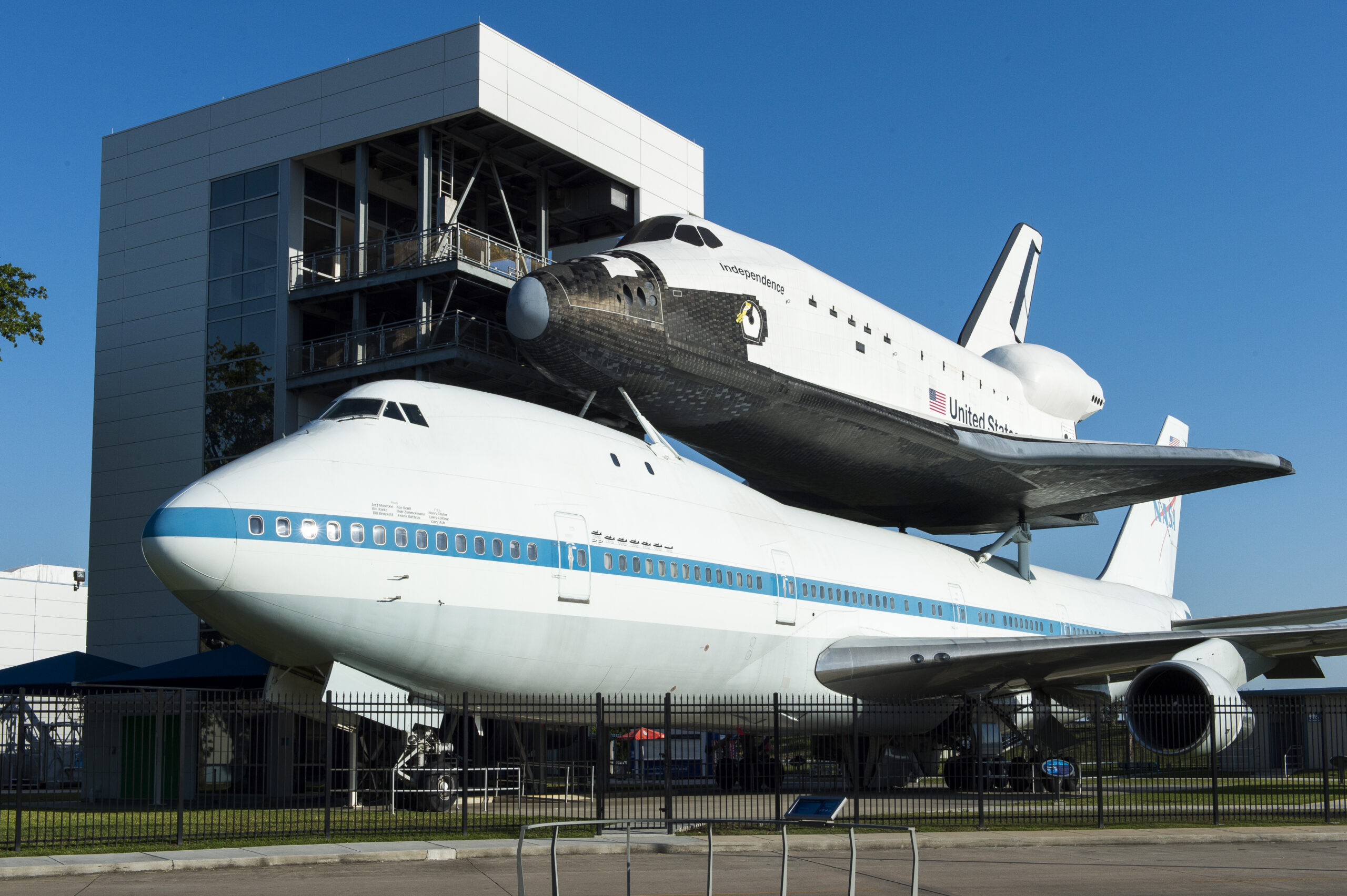 Space Shuttle replica displayed on top of a NASA Boeing 747 aircraft at Space Center Houston.