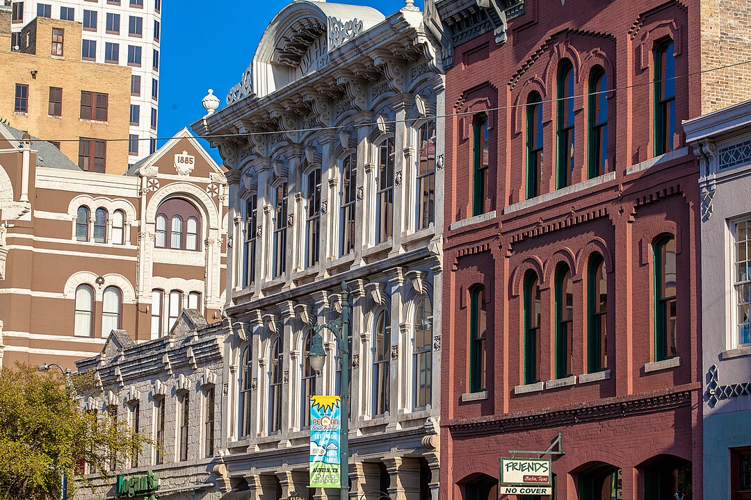 Texas Hollywood - Colorful 19th-century buildings in Austin’s historic district under a clear blue sky.