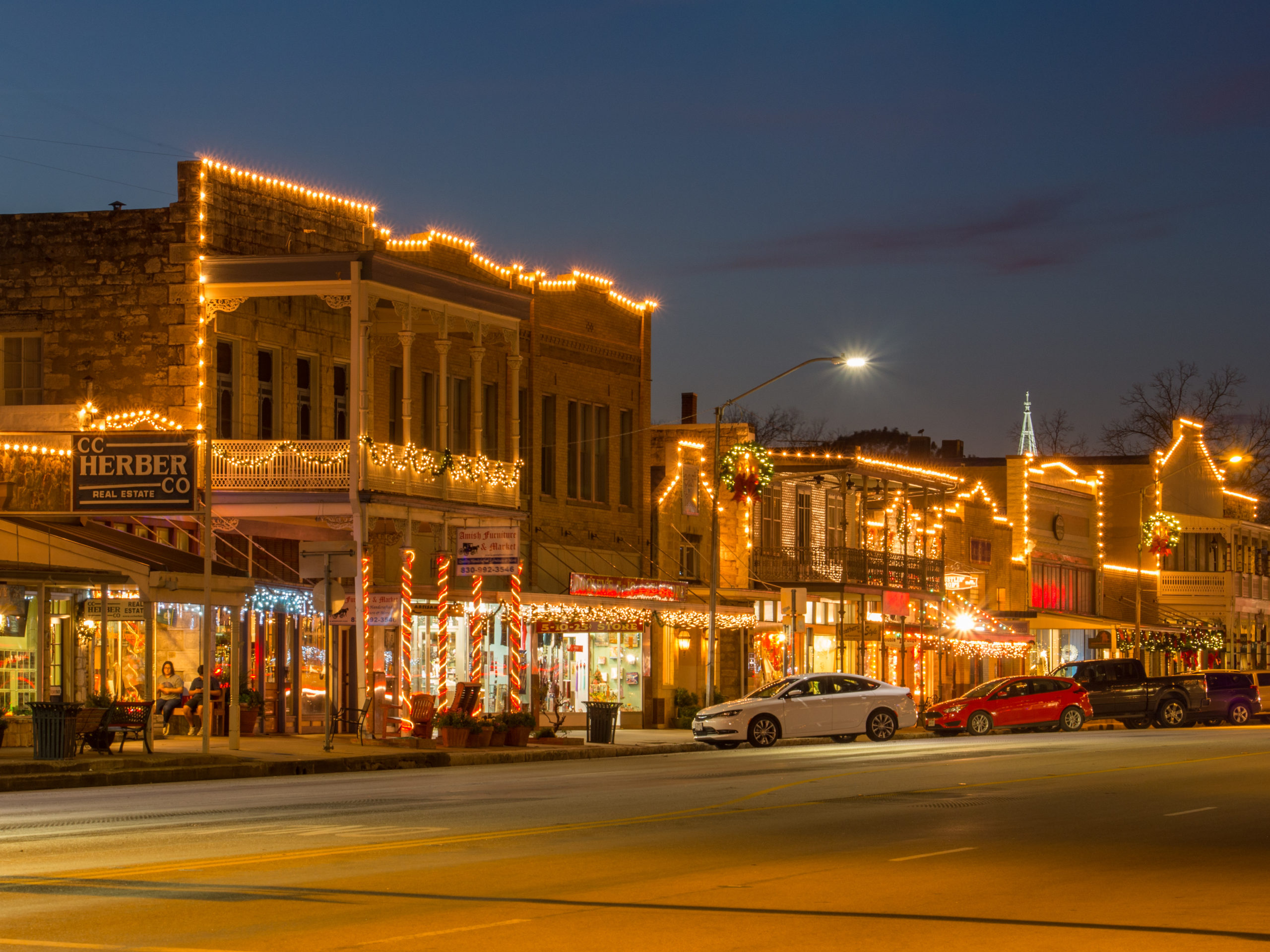 Fredericksburg Texas Christmas lights on Main Street highlighting a Christmasy town in Texas during the holiday seaso