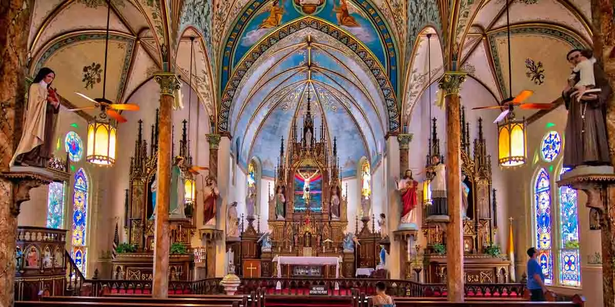 Interior of one of the Painted Churches of Schulenburg, showcasing colorful murals and historic design from some of the oldest churches in Texas.
