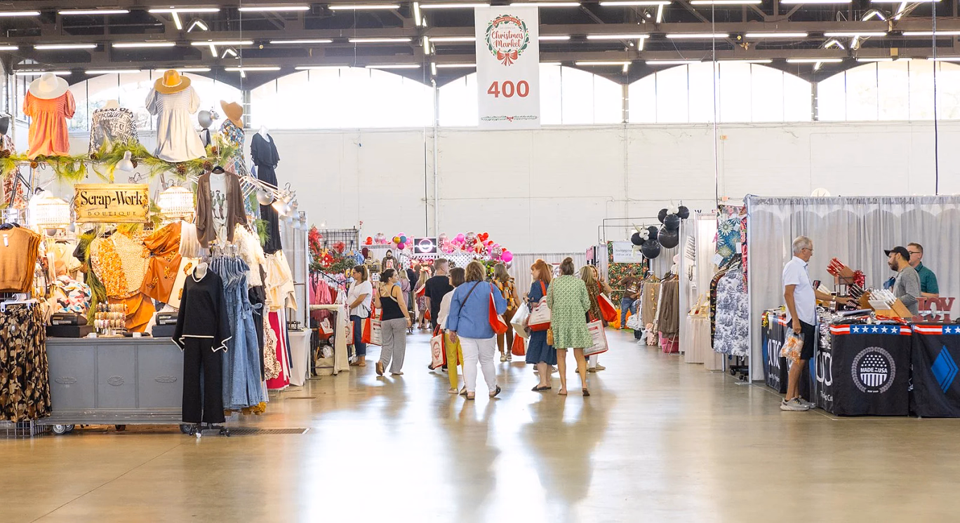 Indoor Christmas market in Dallas with local makers, handmade gifts, and holiday shopping booths