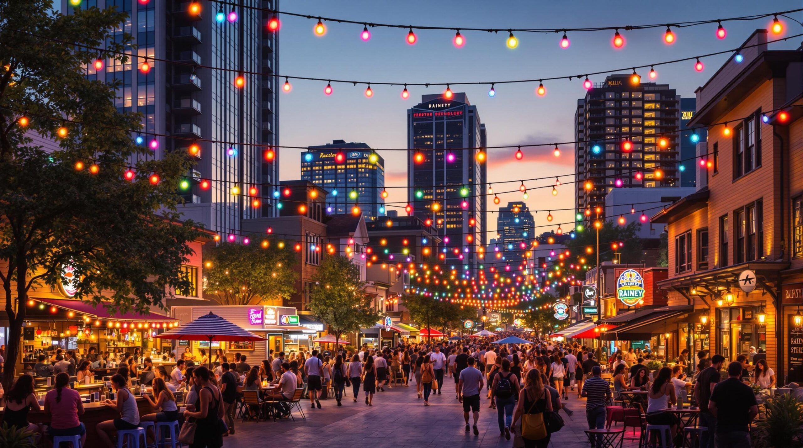 Rainey Street at night showing crowds, bars, and string lights, highlighting how Austin has changed in the last decade with rapid growth and nightlife expansion.