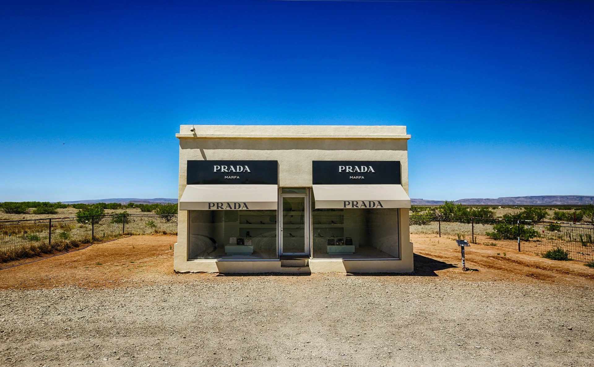 Prada Marfa art installation in the Texas desert, a famous roadside attraction that makes travelers wonder if Marfa is worth visiting.