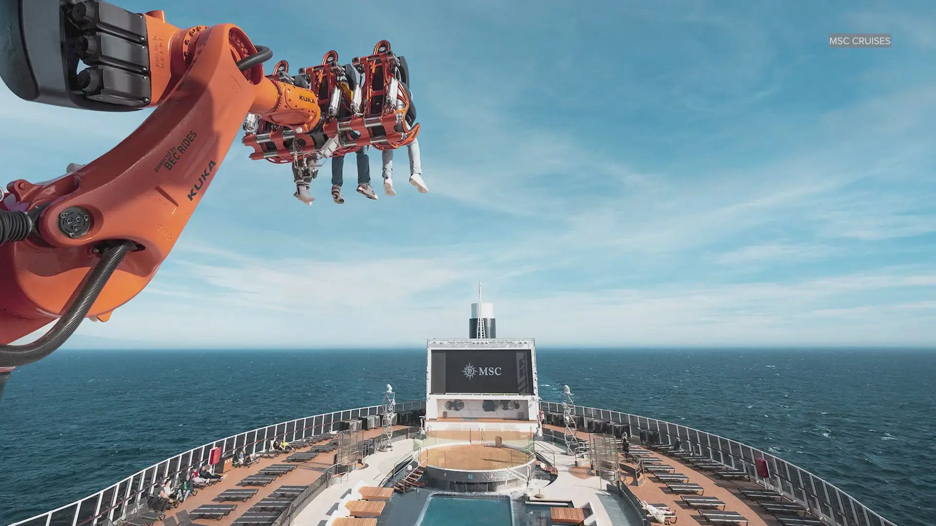 the embarkation day of MSC seascape with a crane ride being enjoyed by a few passengers
