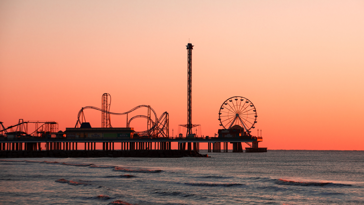 Galveston pleasure pier skyline at sunset