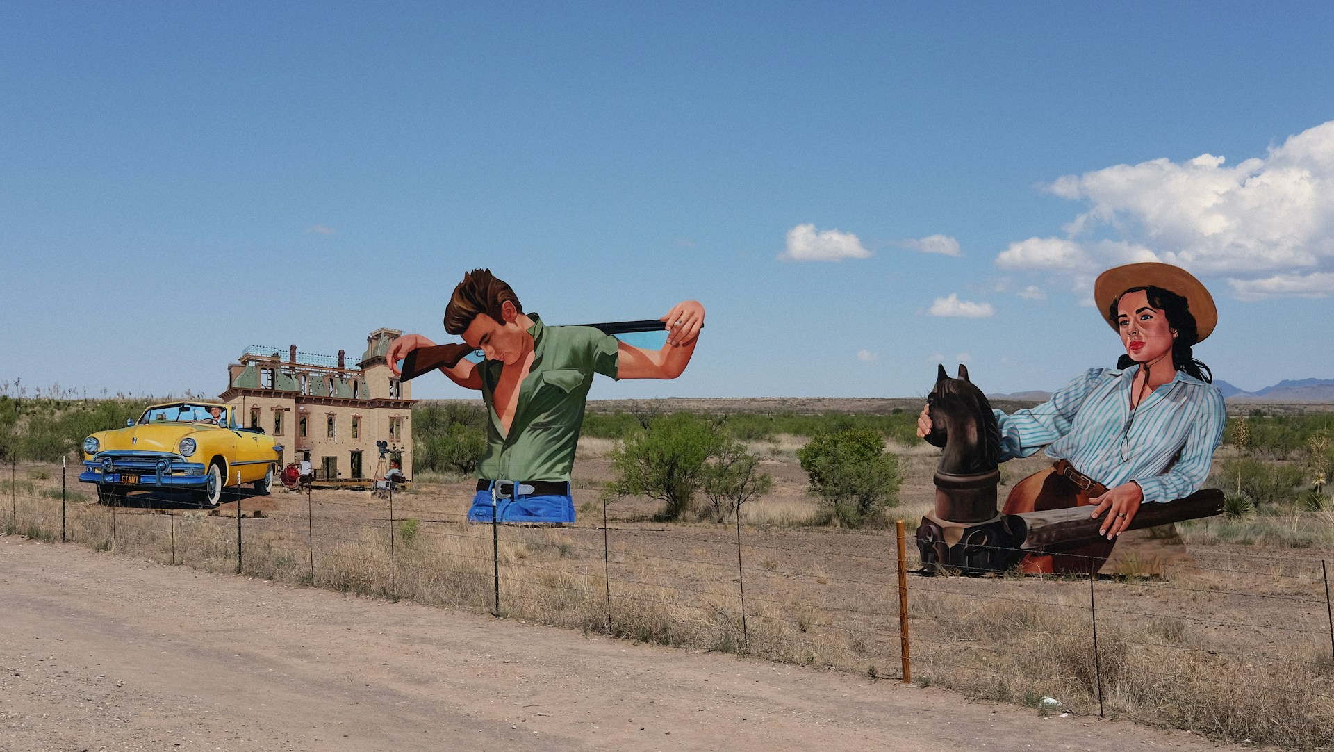 Whimsical roadside art installation in Marfa, Texas, featuring larger-than-life sculptures and desert scenery in the heart of West Texas.