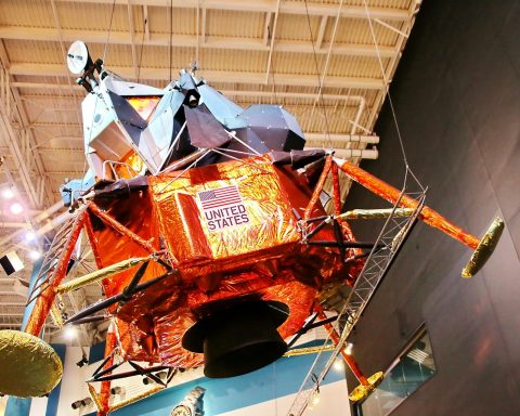A lunar module on display at Space Center Houston