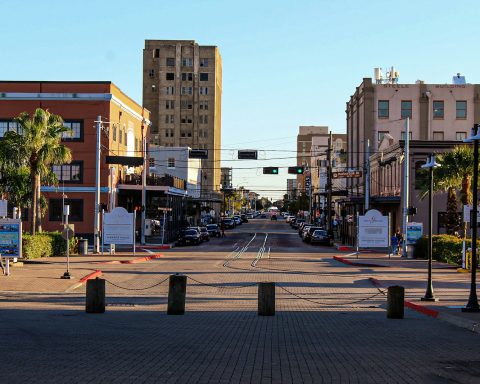 A palm-lined street in historic downtown Galveston