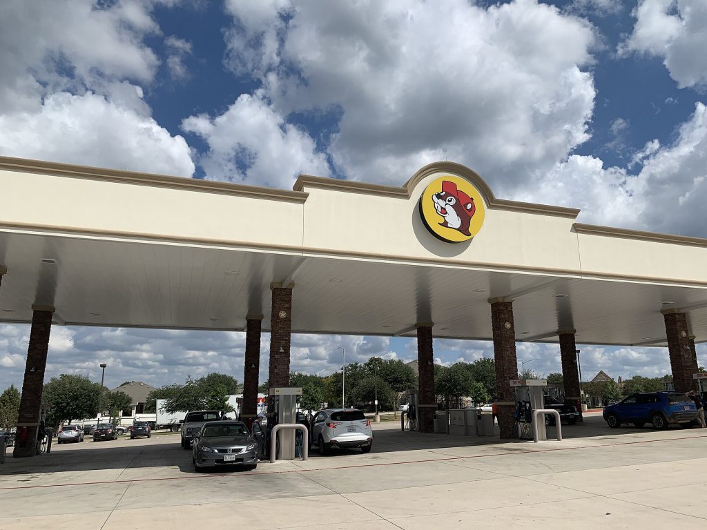 Row after row of fuel pumps at the Buc-ee's in Bastrop, Texas