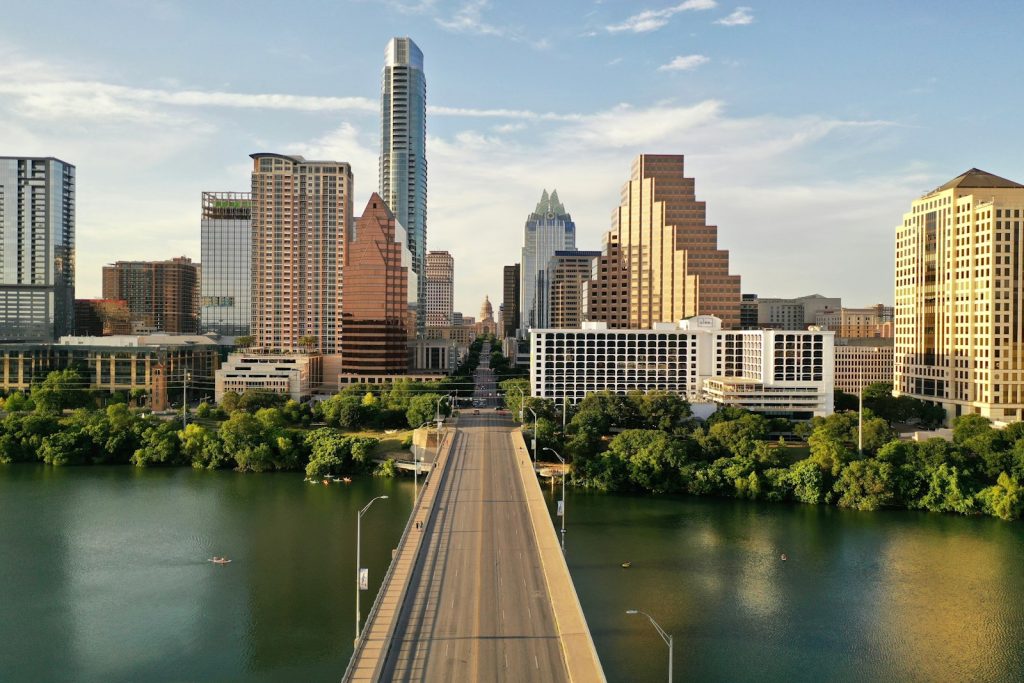 The Congress Avenue Bridge, home to Austin's famous bat colony, leading into downtown.