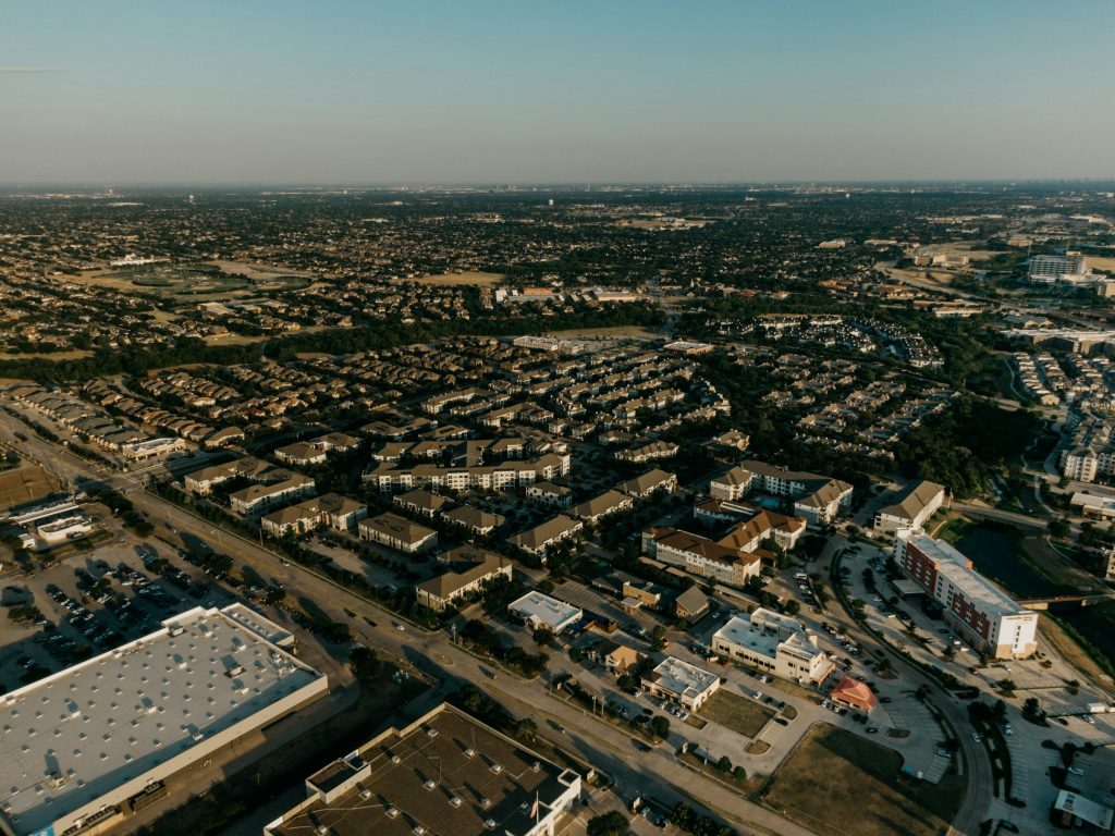 Aerial view of Frisco, Texas neighborhoods north of Dallas