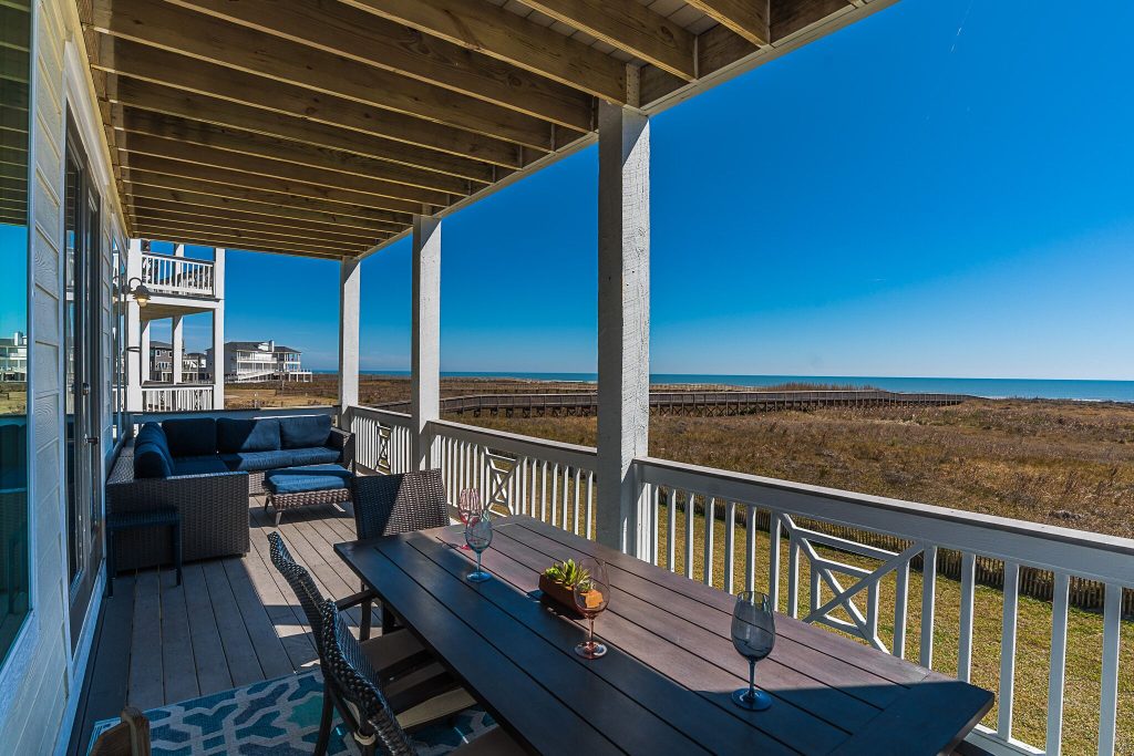 Gulf views from the deck of the Happy Mullet, a beachfront home in Galveston's Pointe West community