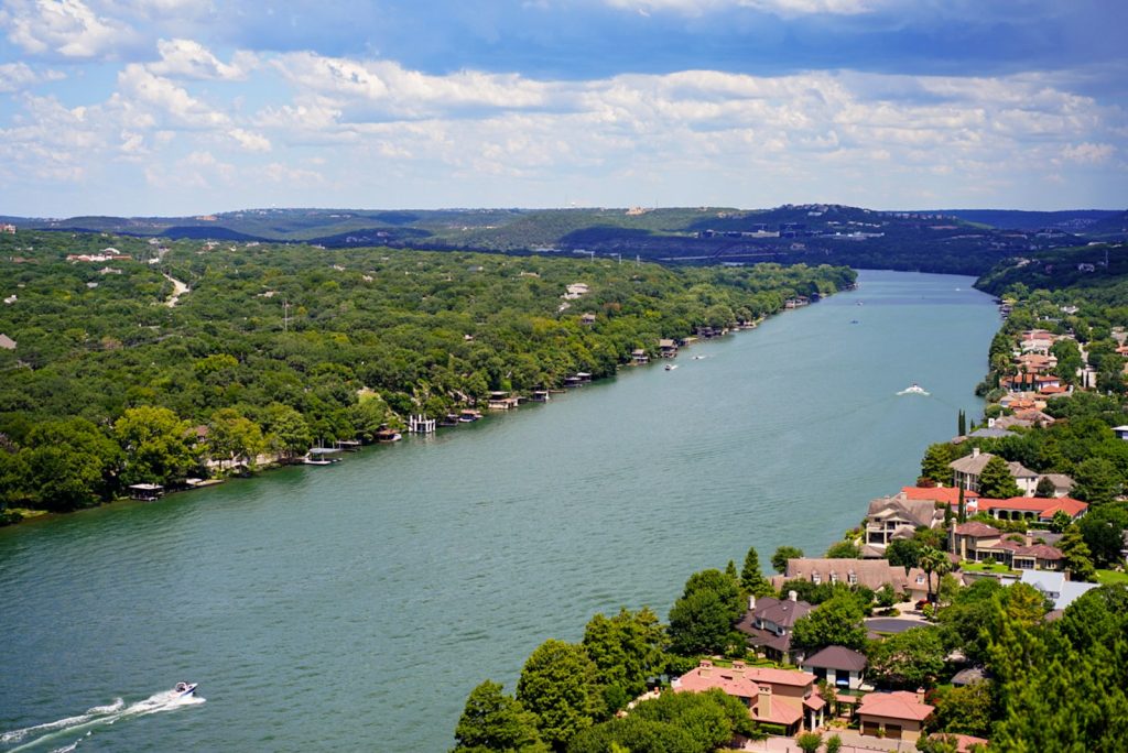 Lake Austin winding through the hills on the west side of Austin.