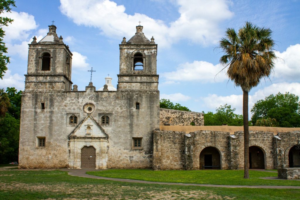 The twin bell towers of Mission Concepción, dedicated in 1755.