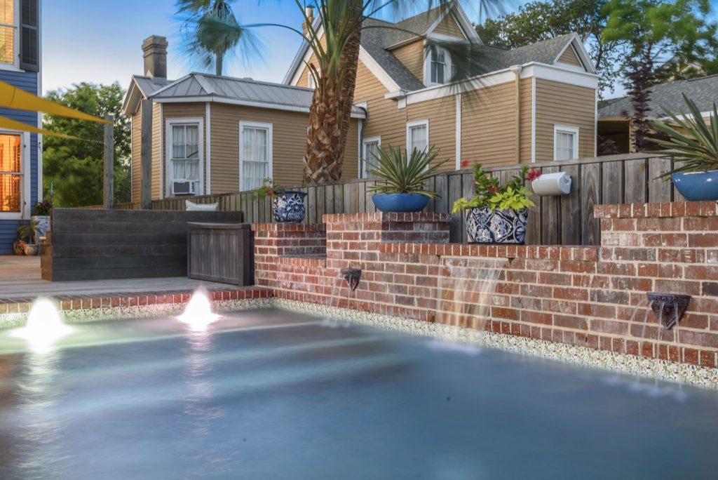 The heated pool at My Blue Heaven, a historic home in Galveston's East End