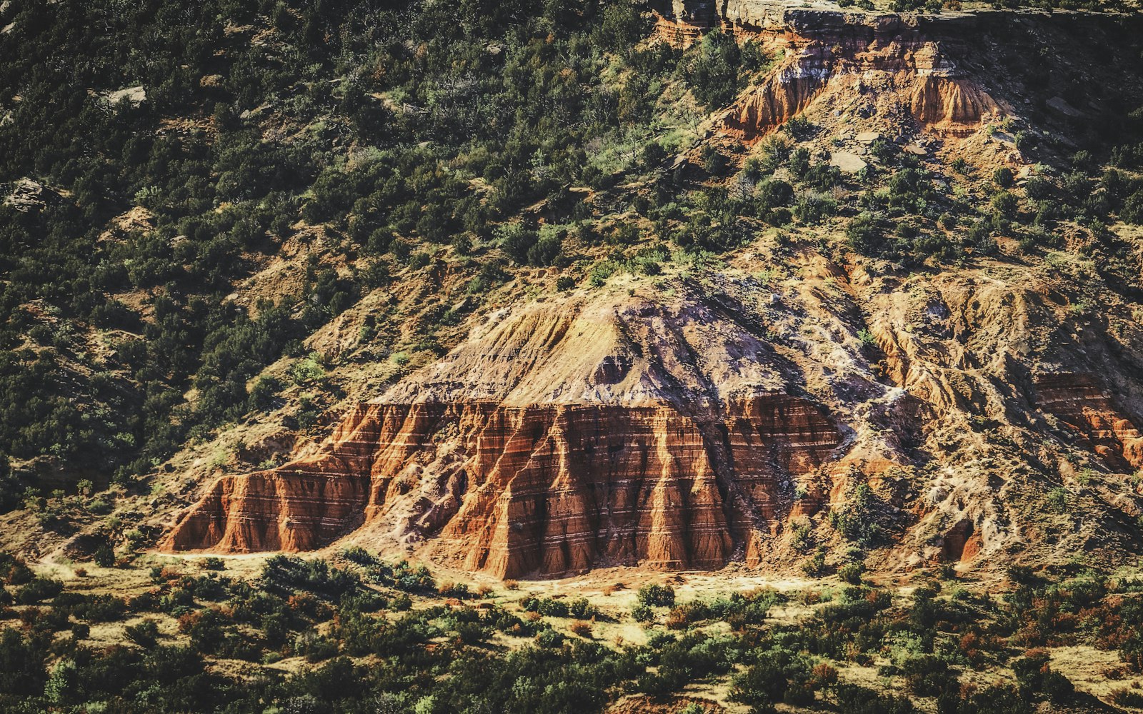 Bands of red, white, and lavender rock, often called the Spanish Skirts, line the cliffs of Palo Duro Canyon