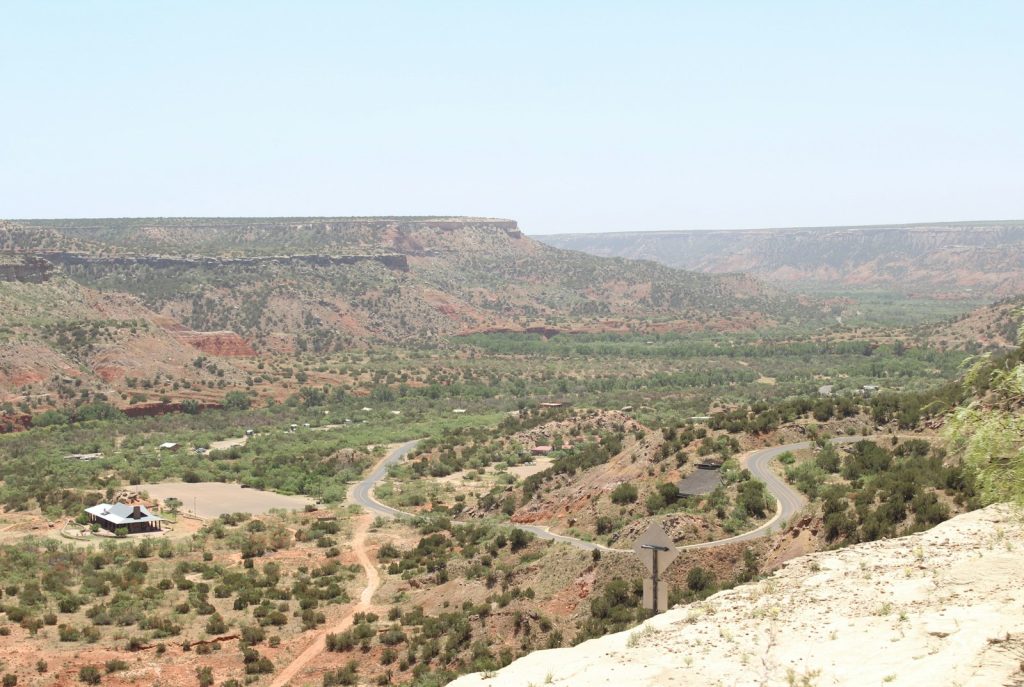 Looking out over the canyon floor from the rim at Palo Duro Canyon State Park near Canyon, Texas