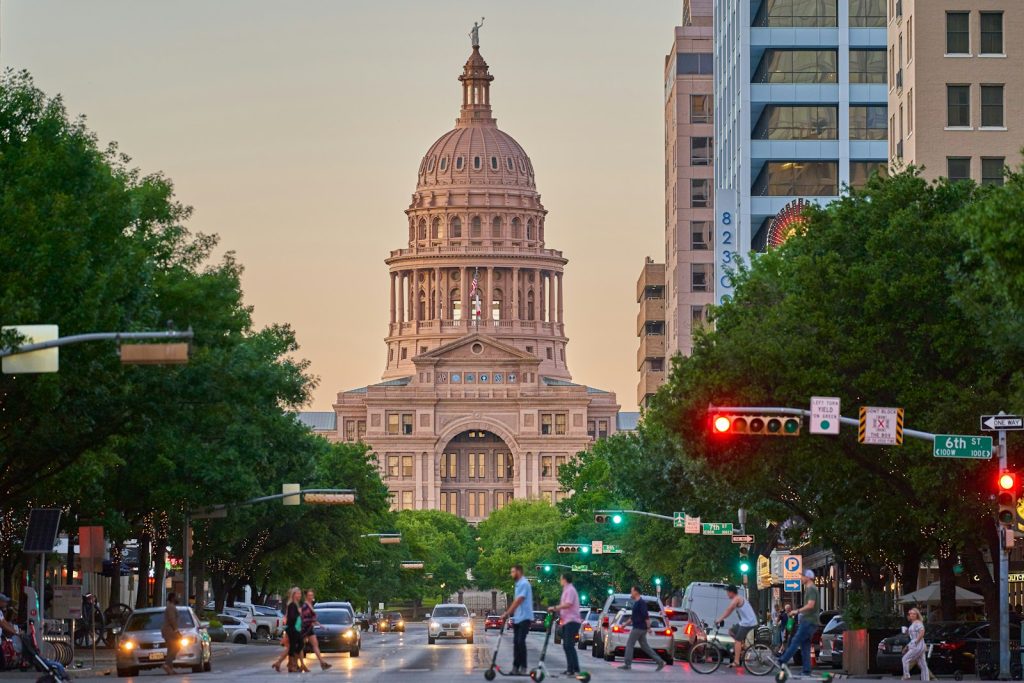 The Texas State Capitol at the top of Congress Avenue in downtown Austin.