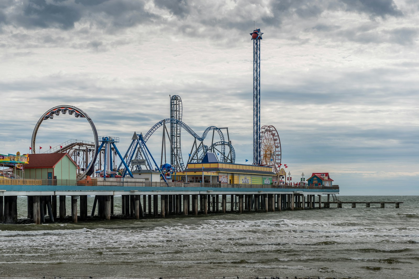 The Galveston Island Historic Pleasure Pier, just off Seawall Boulevard