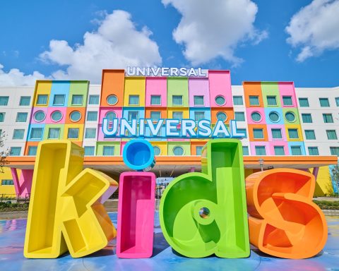 Colorful Universal Kids Resort Hotel and Kids sign at the park entrance in Frisco, Texas