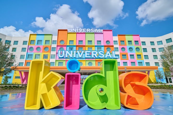 Colorful Universal Kids Resort Hotel and Kids sign at the park entrance in Frisco, Texas