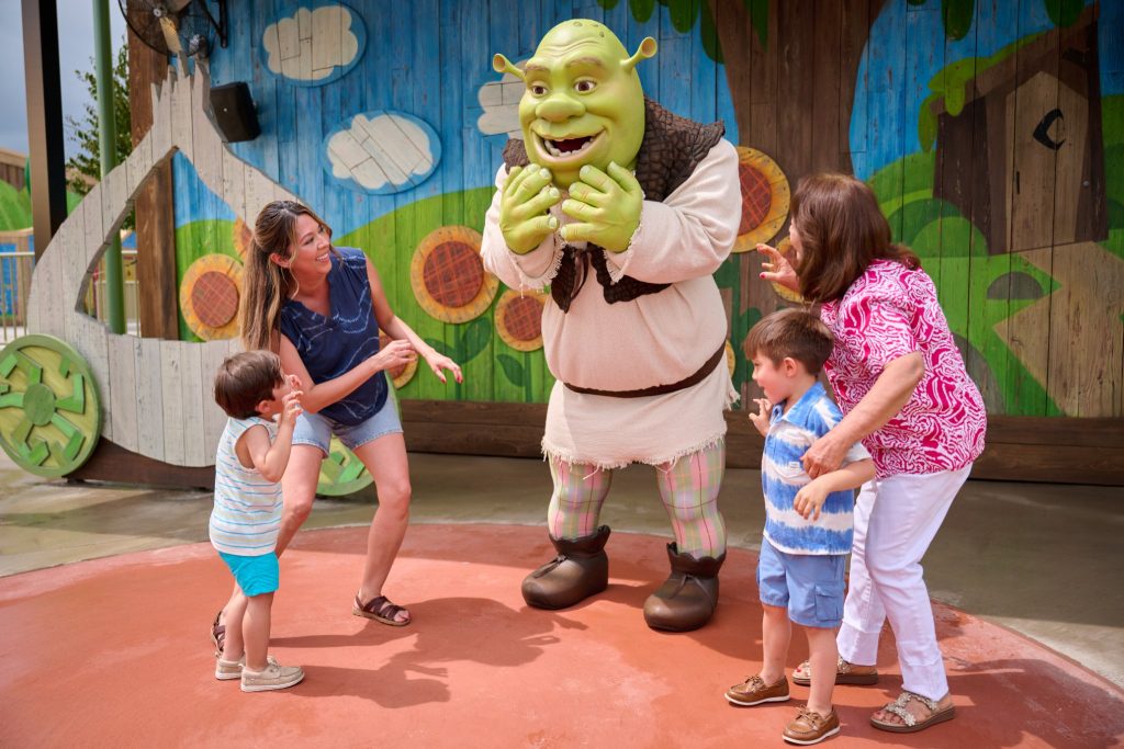 Shrek greets young guests in Shrek's Swamp at Universal Kids Resort